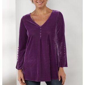 Soft Surroundings La Vie Velvet Tunic Top M V Neck Button Detail Purple